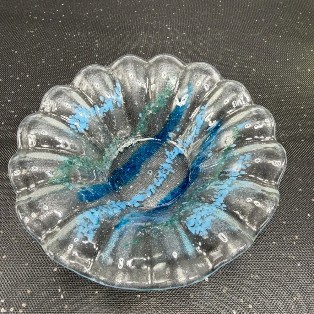 Artisan Fused Glass Scalloped Bowl Blue Teal Striped Coastal Decor Hand Made 5in